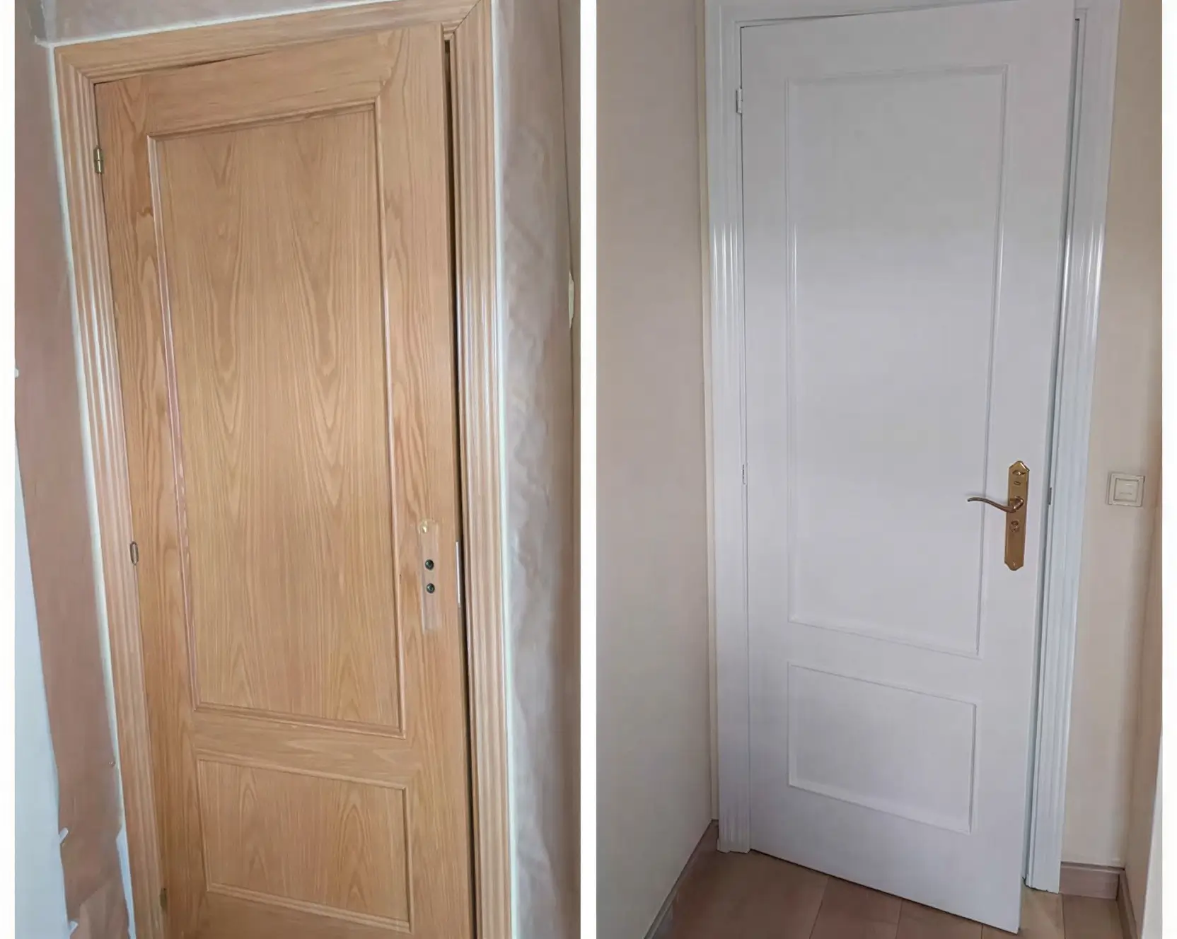 Antes y después de lacar puerta de madera en blanco por Los Pintores Fuenlabrada