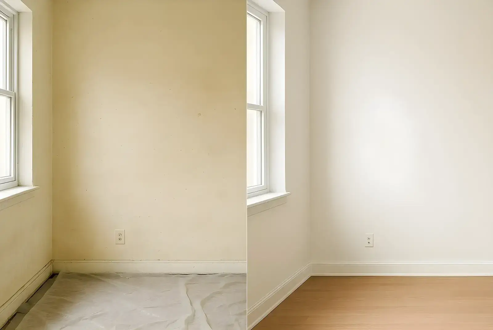 Antes y después de pintura interior en salón, trabajo de Los Pintores Fuenlabrada con paredes renovadas