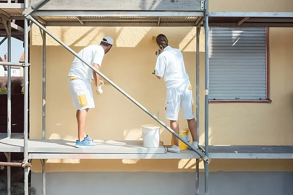 Los Pintores Fuenlabrada aplicando pintura exterior de alta calidad en fachada de vivienda
